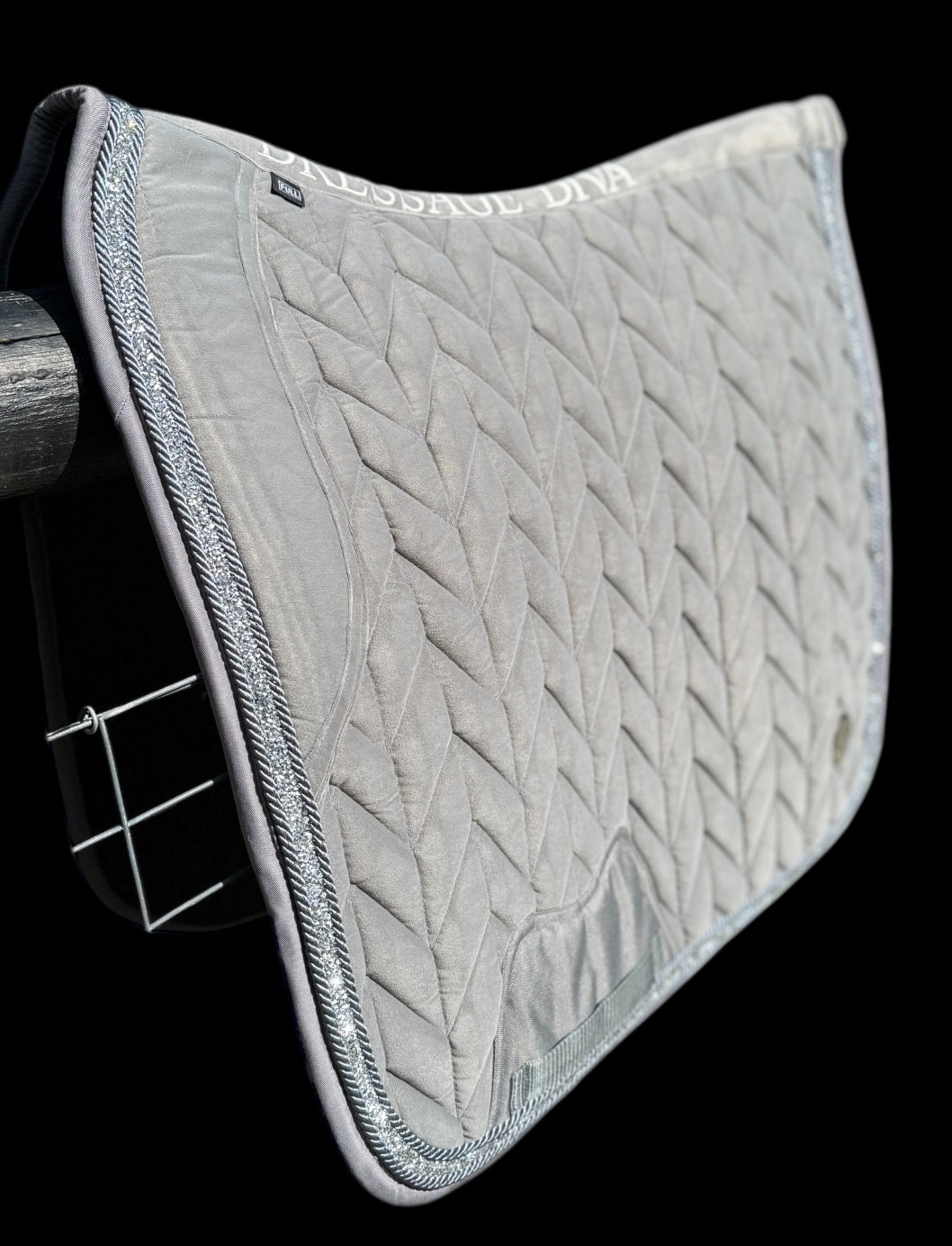 Dressage Saddle Pad -GREY Velvet  Saddle Pad – Crushed Crystal Trim | Full Size